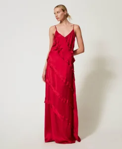 Robe Longue En Satin Avec Volants