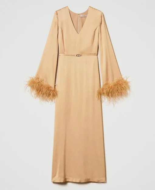 Robe Longue En Satin Avec Plumes
