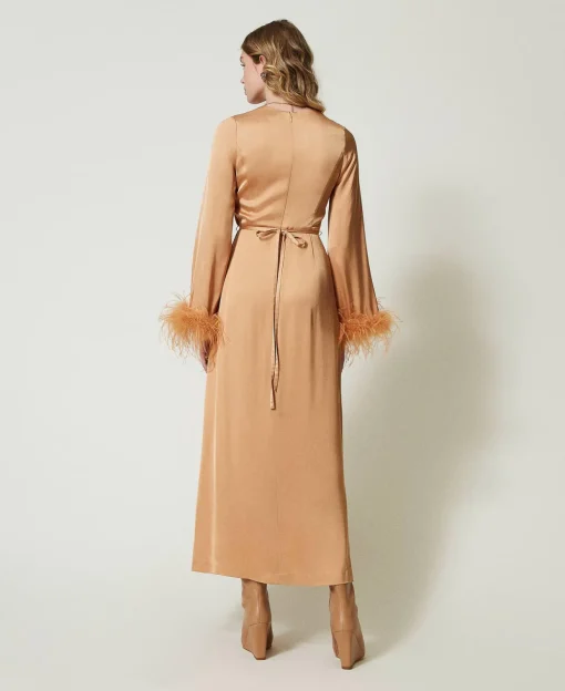 Robe Longue En Satin Avec Plumes