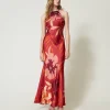 Robe Longue En Satin Floral Avec Encolure Américaine