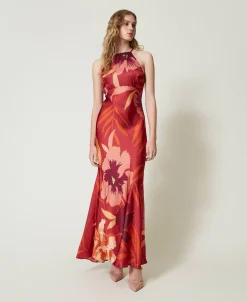Robe Longue En Satin Floral Avec Encolure Américaine