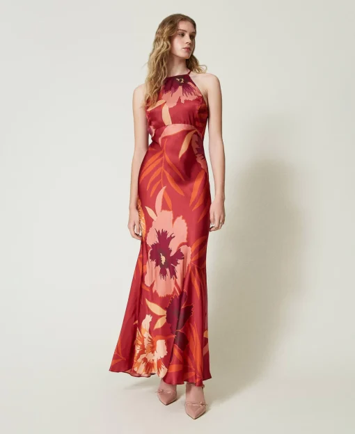 Robe Longue En Satin Floral Avec Encolure Américaine