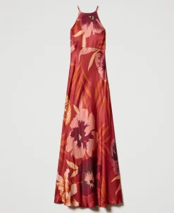 Robe Longue En Satin Floral Avec Encolure Américaine