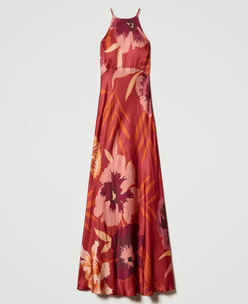 Robe Longue En Satin Floral Avec Encolure Américaine