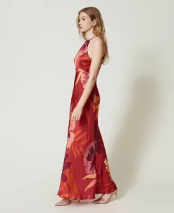 Robe Longue En Satin Floral Avec Encolure Américaine