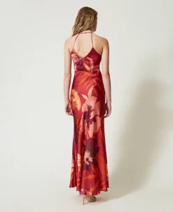 Robe Longue En Satin Floral Avec Encolure Américaine