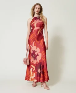 Robe Longue En Satin Floral Avec Encolure Américaine