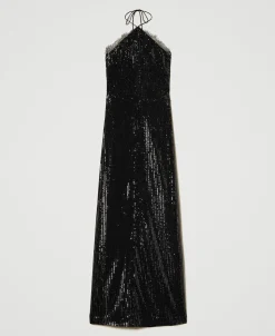 Robe Longue En Sequins Avec Dentelle
