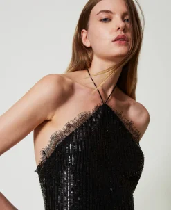 Robe Longue En Sequins Avec Dentelle