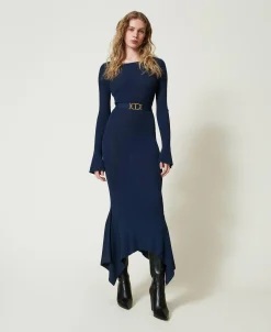 Robe Midi En Maille Avec Ceinture Et Volant