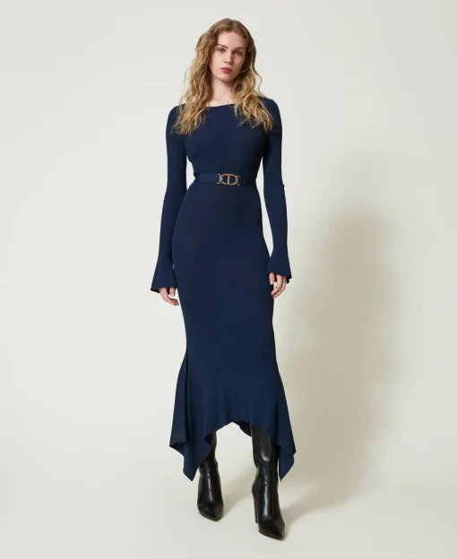 Robe Midi En Maille Avec Ceinture Et Volant