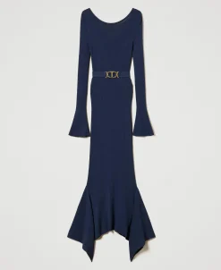 Robe Midi En Maille Avec Ceinture Et Volant