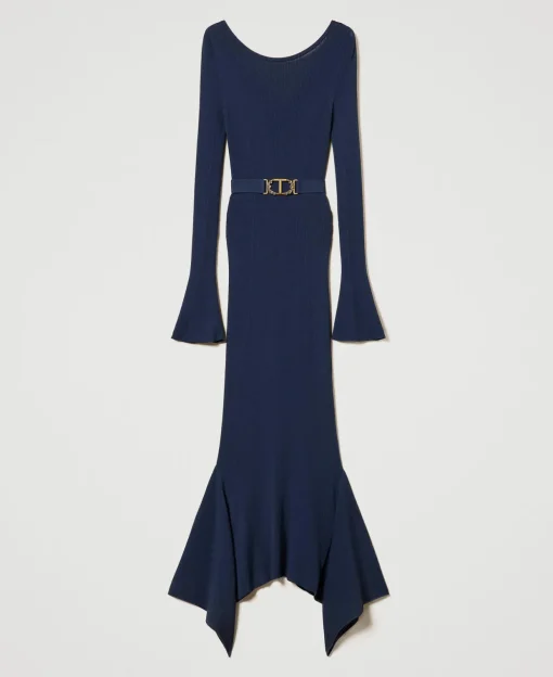 Robe Midi En Maille Avec Ceinture Et Volant