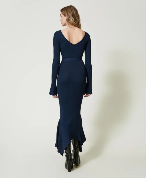 Robe Midi En Maille Avec Ceinture Et Volant