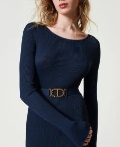 Robe Midi En Maille Avec Ceinture Et Volant