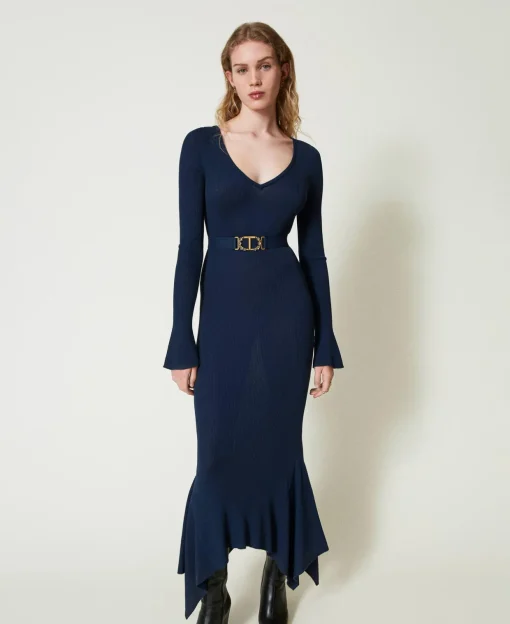 Robe Midi En Maille Avec Ceinture Et Volant