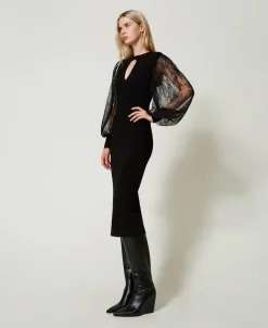 Robe Midi En Maille Et Dentelle