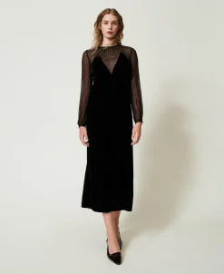 Robe Midi En Mousseline Et Velours