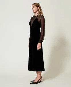 Robe Midi En Mousseline Et Velours
