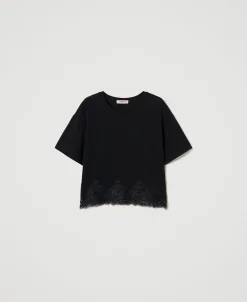 T-shirt Cropped Avec Dentelle Macramé