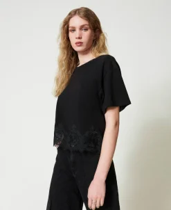 T-shirt Cropped Avec Dentelle Macramé