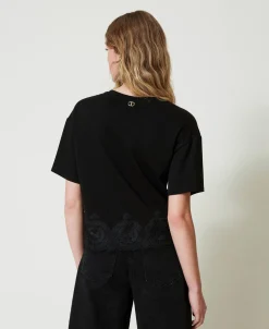 T-shirt Cropped Avec Dentelle Macramé